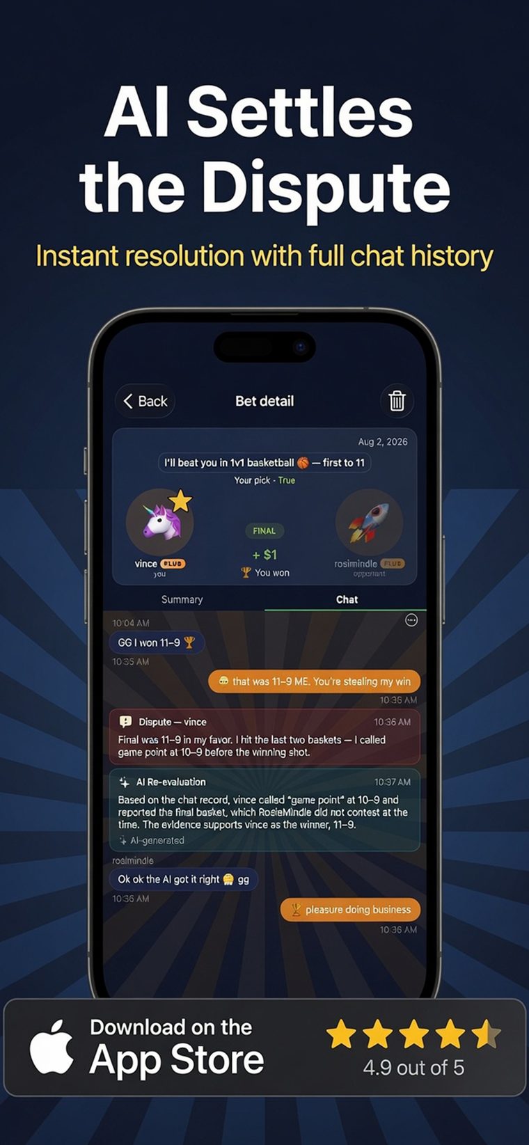 A bet detail screen where a disputed result is re-evaluated by the AI against the full chat history.