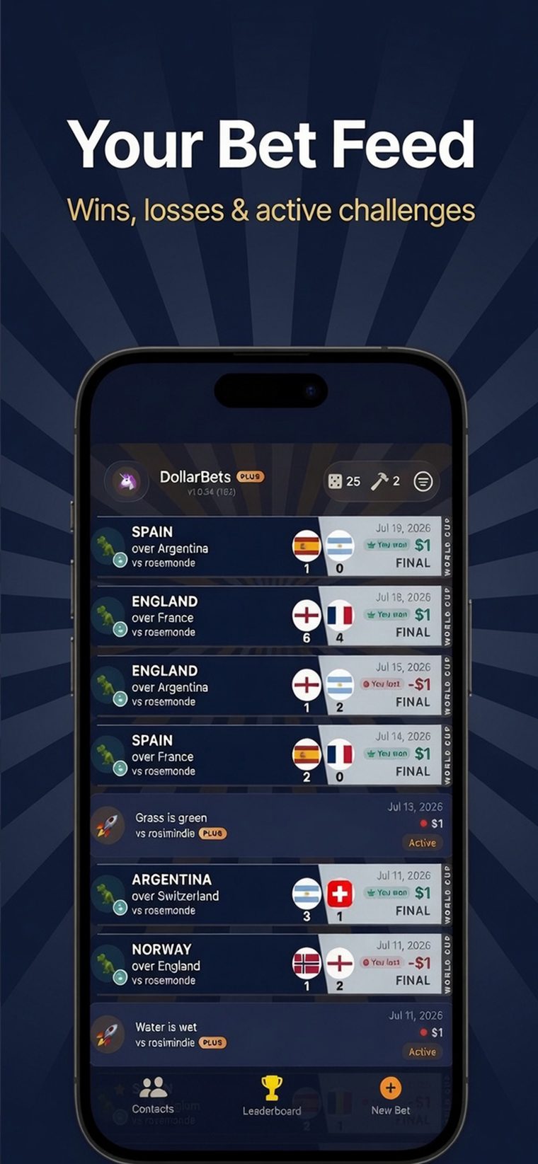 DollarBets Ai bet feed showing settled World Cup bets with scores, and two active challenges.