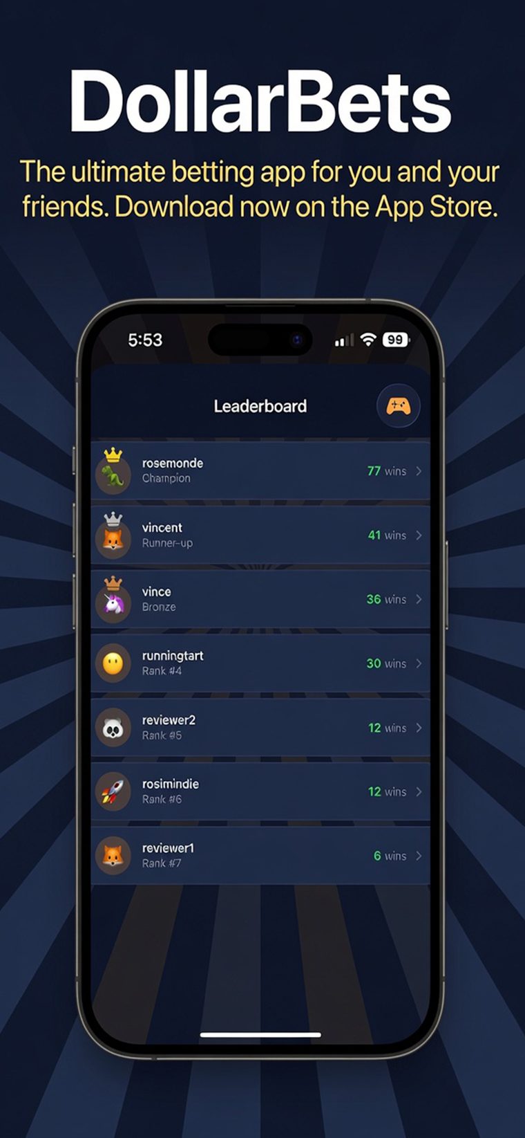 Leaderboard ranking players by number of wins.