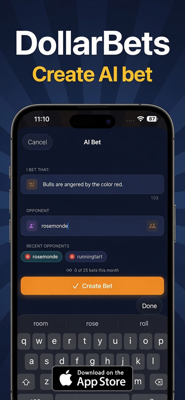 Creating an AI bet by typing a claim and choosing an opponent.
