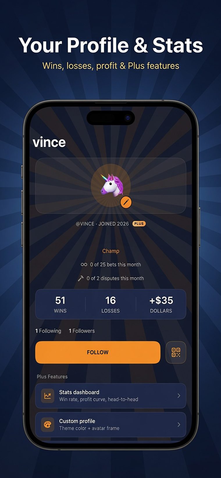Profile screen showing wins, losses, running total and Plus features.