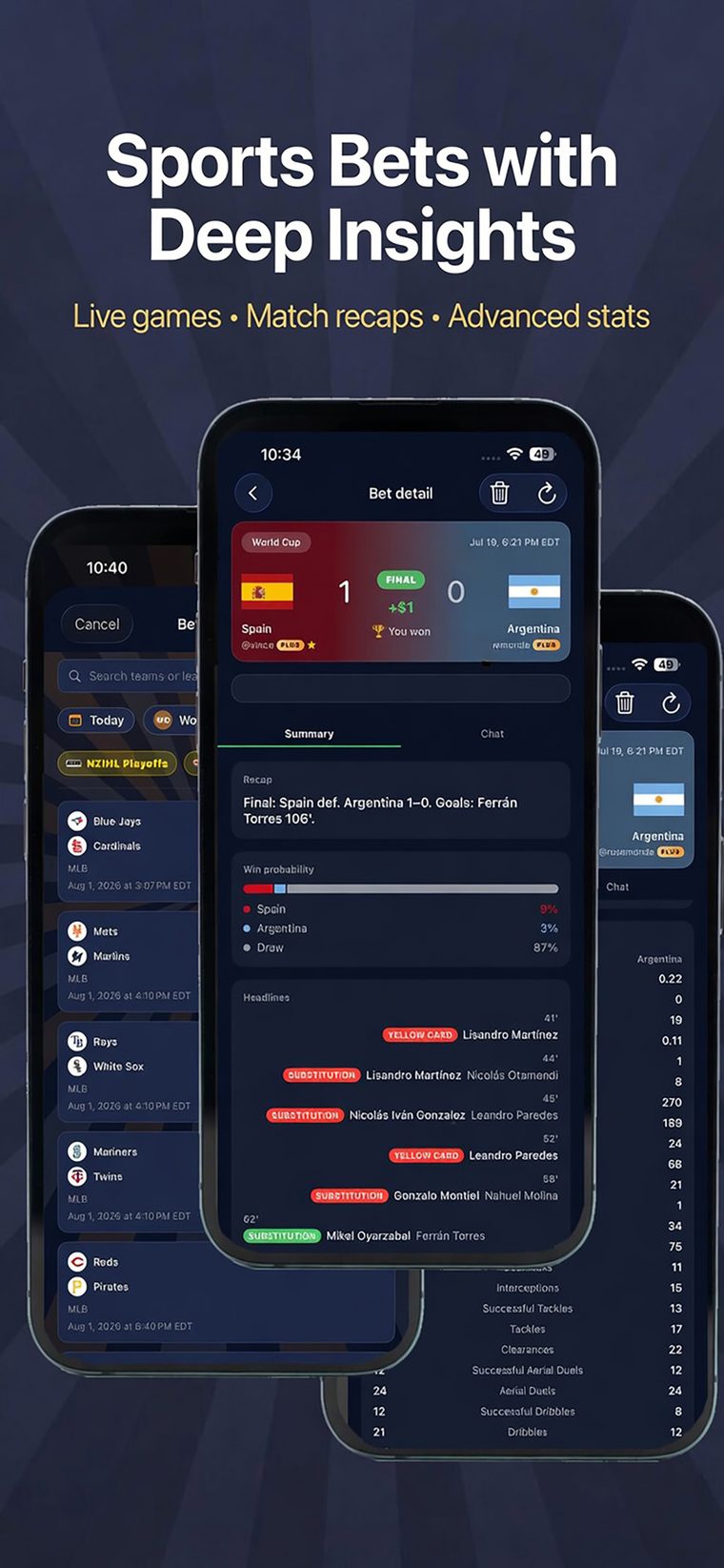 Sports bet detail with match recap, win probability and advanced match statistics.